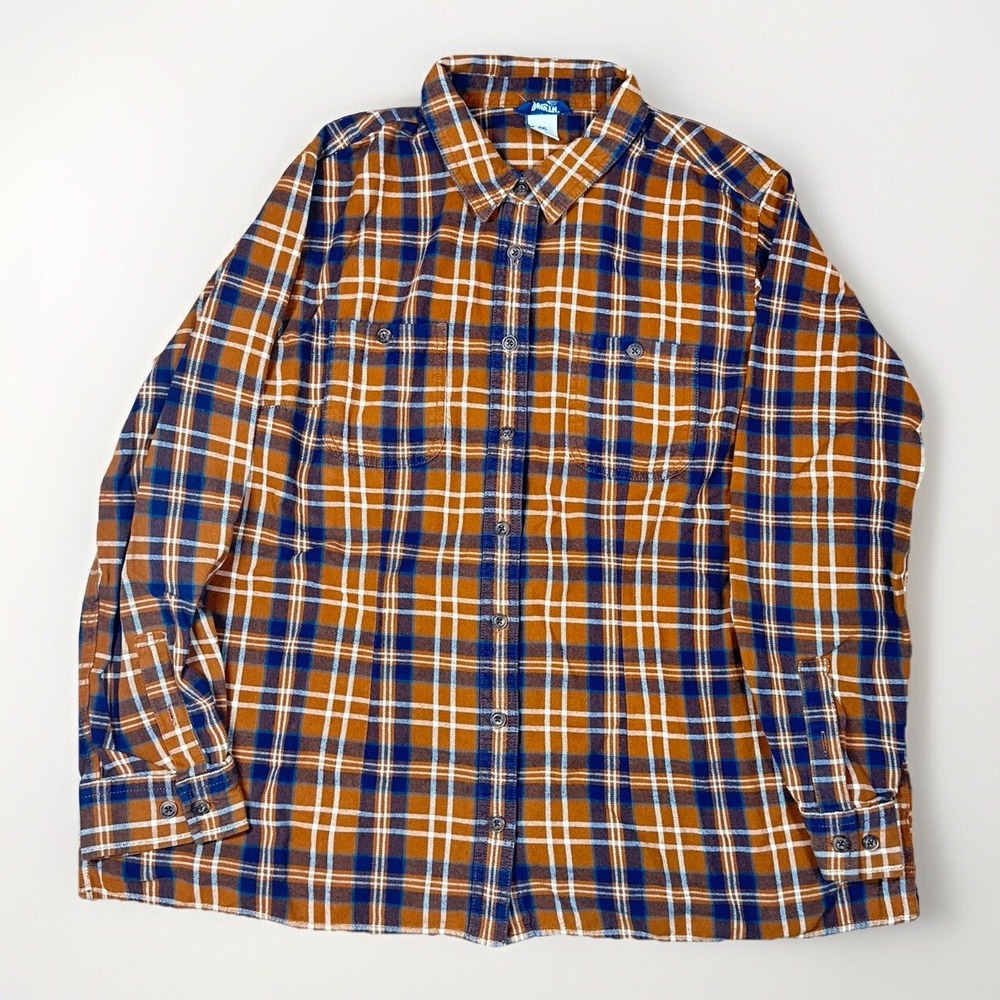 Brown & Blue Plaid Flannel Shirt Woman XXL Long Sleeve Button Up Casual